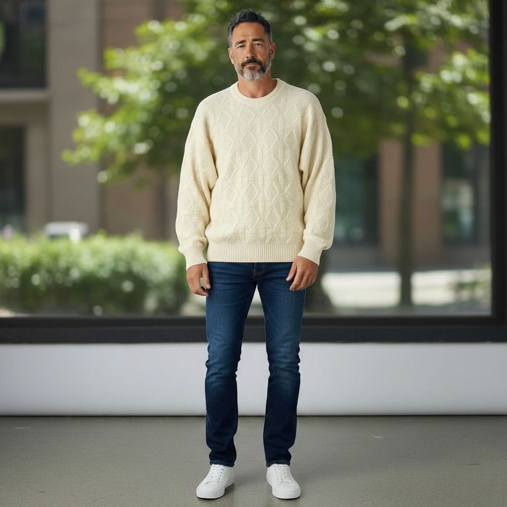 John Weitz Sweater Mens L Cream Textured Knit Cotton Grandpa Core Vintage 90s